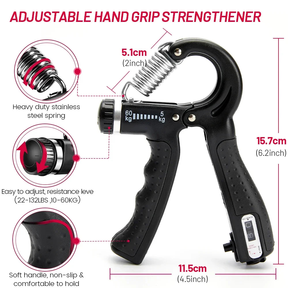 5–60KG Adjustable Hand Grip Strengthener Set with Counter – Wrist, Forearm & Finger Trainer Kit